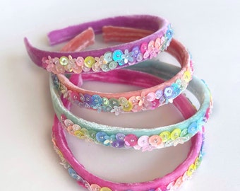 Handgefärbte Seidensamt Pailletten dünne Stirnbänder, verzierte Samt, Regenbogen Pailletten Stirnbänder, Mädchen Stirnbänder, Hot Pink Stirnband, Pailletten Schleife