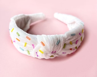 Confetti Sprinkle White Silk Velvet Knot Headband, Birthday Headband, Fits Child-Adult, Celebration Headband, Beaded Headband, Embellished