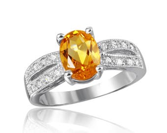 Woman's Diamond Ring with Citrine Centerstone and 14K White Gold