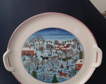 Vintage VILLEROY & BOSH " Handled Cake Serving Plate " Design NAIF " Christmas Scene "