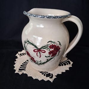 Vintage Casey Pottery Stoneware Water Pitcher " Heart Wreath Pattern "