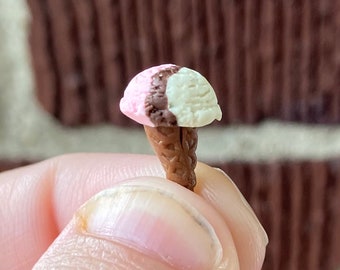 Miniature Neopolitan  Ice Cream Cone; 1:12 Scale Ice Cream;  Double Scoop Waffle Cone Ice Cream for Doll House,