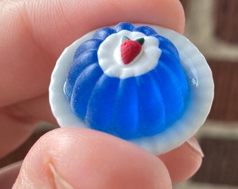 1:12 Scale Miniature Doll House Blue Jello; Jello Mold Plate with Whipped Cream and Strawberry; Mini Jello; Fun Doll Food;