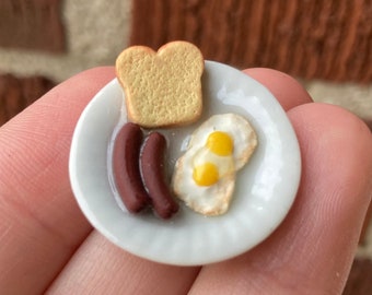 Dollhouse Breakfast Plate; 1:12 Scale; Eggs, Sausage and Toast; Fairy Garden Breakfast; Miniature Meal Foods; Handmade Mini Food;