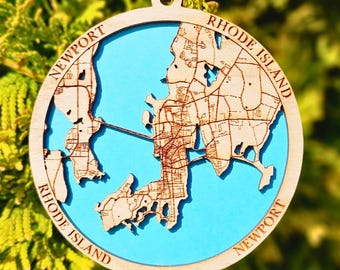 Newport Rhode Island Map Ornament: Cherry Wood Coastal Keepsake Decor
