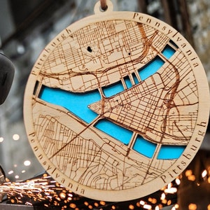 Yinzer Pittsburgh Map Ornament, Locally Handcrafted Cityscape Decor, Unique Vintage-Inspired Pennsylvania Gift for Diehard Pennsylvania Fans