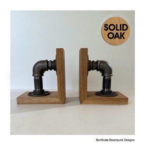 Solid Oak Bookends Pair - Steampunk Rustic / Farmhouse / Industrial / Pipe Fittings - Handmade