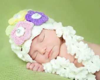 crocheted pink flower hat knit hat baby shower gift kids crocheted hat Pink Feather Pearl Flower Crochet Handmade Heirloom Gift Hat