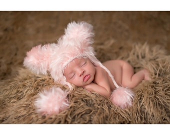crocheted pink bear hat knit hat baby shower gift kids crocheted hat Halloween costume hat Pom Pom  hat