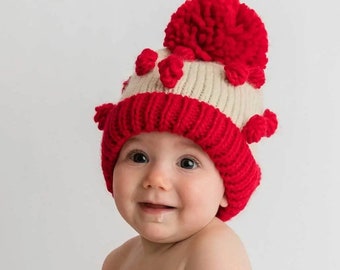 Knit red popcorn beanie hat crocheted red Pom Pom hat children’s Christmas hat holiday beanie hat