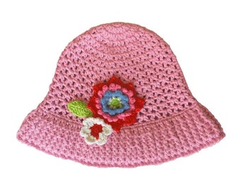 crocheted Sunhat knit hat baby shower gift kids crocheted hat pink flowered sun hat beach hat