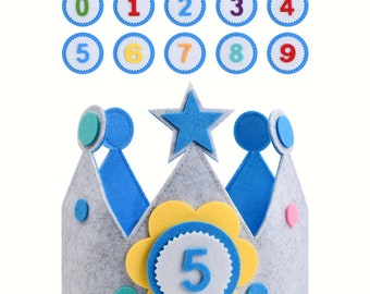 Birthday hat felt hat interchangeable numbers first birthday photo prop reusable birthday crown gray and blue happy birthday hat