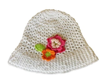 crocheted Sunhat knit hat baby shower gift kids crocheted hat white flowered sun hat beach hat