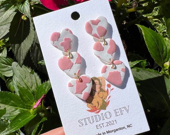Cowprint Earrings, Cowprint Hearts, Heart Earrings, Pink Cowprint