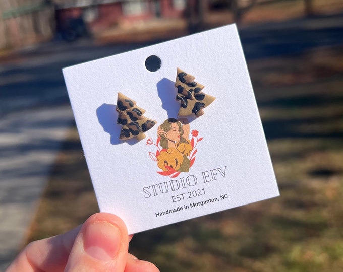 Cheetah Print Christmas Trees Earrings, Christmas Earrings, Christmas Clay Earrings, Christmas Tree Earrings, Cheetah Print Studs