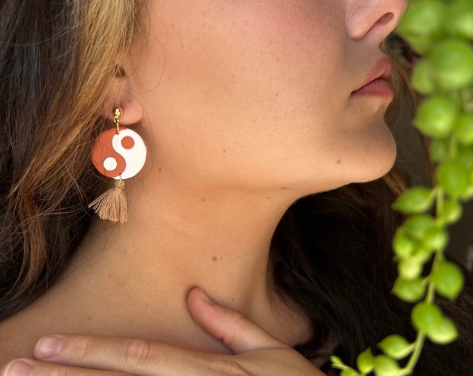 Yin and Yang Clay earrings, Tassel Earrings, Light weight Earrings, Boho earrings