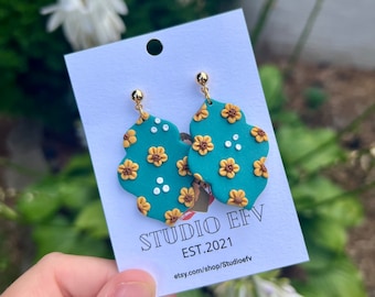 Handmade Teal Floral Earrings: Polymer Clay Dangle Earrings