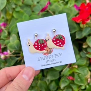 Handmade Strawberry Snail Earrings: Polymer Clay, Hypoallergenic Posts