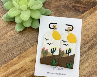 Handmade Southwestern Clay Earrings: Cactus Scene, Hypoallergenic