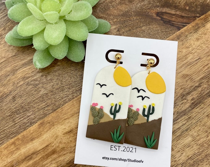 Handmade Earrings, Clay Earrings, Southwestern Scene, Southwestern Earrings, Cactus Earrings, Hypoallergenic