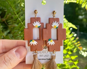 Handmade Aztec Clay Earrings: Rose Gold Flower Tassel Earrings