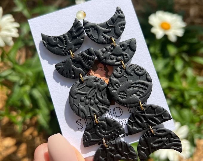 Lace Earrings, Moon Phase Earrings, Moon Phase Clay Earrings, Black Moon Phase, Moon Phase