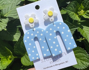 Flower Clay Earrings, Polka Dot Clay Earrings, Polka Dot Flowers, Handmade Earrings