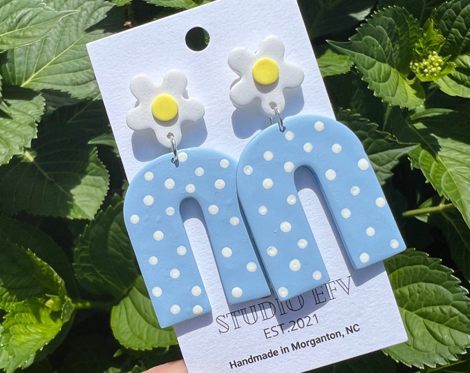 Flower Clay Earrings, Polka Dot Clay Earrings, Polka Dot Flowers, Handmade Earrings