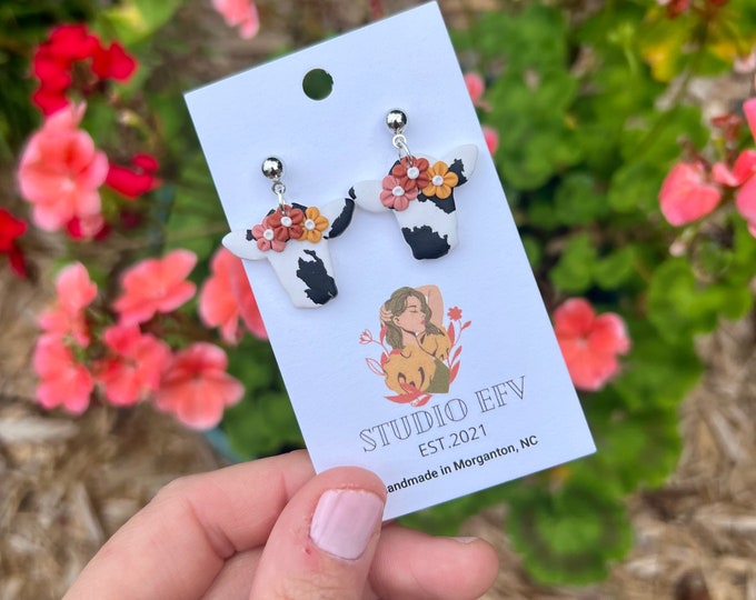 Cow Earrings, Floral cows, cow floral earrings, Clay cow earrings, fall earrings, cow lover, gifts for her, baby cow