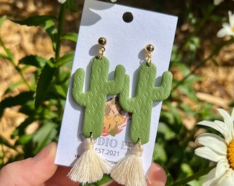 Cactus Tassel Earrings: Aztec Design, Stainless Steel Posts