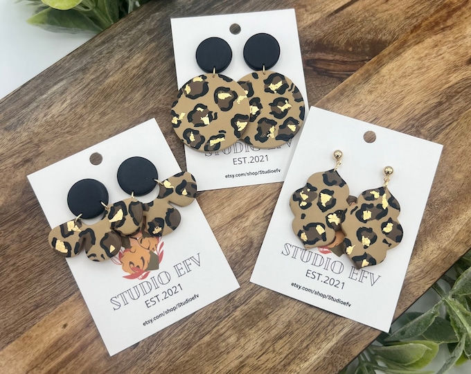 Cheetah Print Gold Earrings, Handmade Earrings, Christmas Gifts for Her, Cheetah Print, Cheetah Earrings, Cheetah Clay Earrings