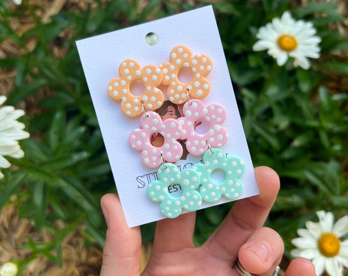 Flower Earrings, Polka Dot Earrings, Polka Dot Flowers, Clay Earrings, Lightweight Earrings,