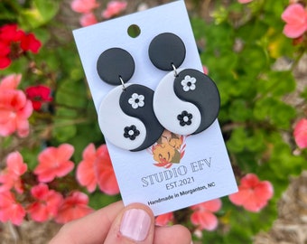 Yin and Yang Earrings, Clay Earrings, Floral Earrings, Boho Earrings, Groovy Earrings, Hippie Earrings