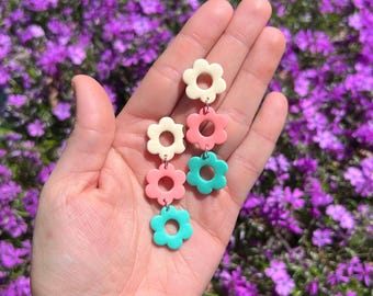 Handmade Polymer Clay Flower Earrings: Tiered Pastel Floral Dangles