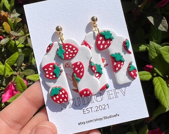 Handmade Strawberry Polymer Clay Dangle Earrings: Hypoallergenic