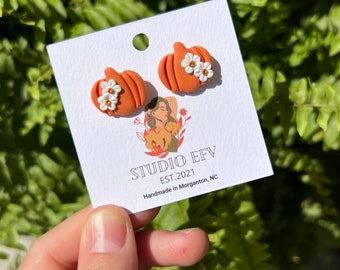 Handmade Floral Pumpkin Stud Earrings: Fall Halloween Jewelry