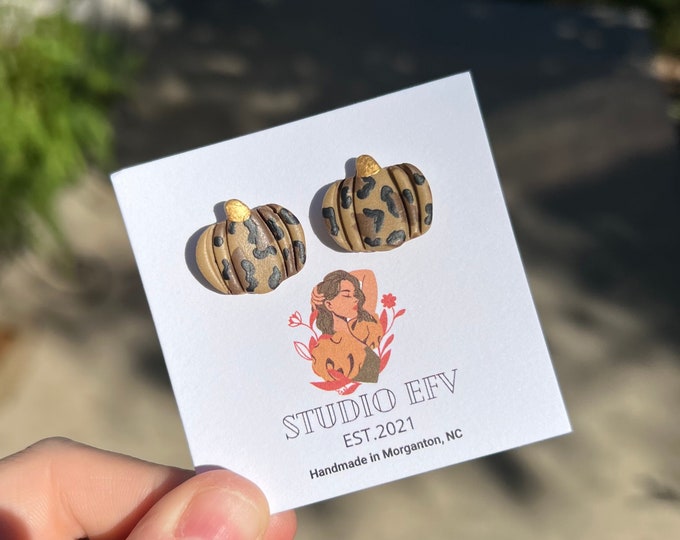 Pumpkin Earrings, Cheetah Print Pumpkin Earrings, Cheetah Print Clay Pumpkin Earrings, Halloween Earrings, Fall Earrings, Handmade Earrings