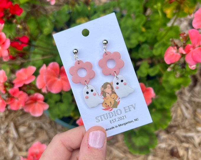 Floral ghost earrings, ghost earrings, Halloween earrings, floral earrings, fall earrings