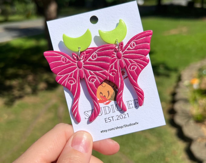 Luna Moth Earrings, Moth Earrings, Pink Earrings, Handmade Earrings, Moon Earrings