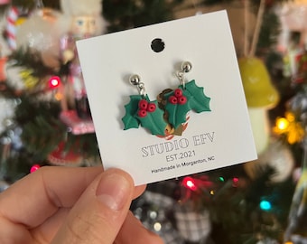 Handmade Christmas Holly Earrings: Polymer Clay Dangle Earrings