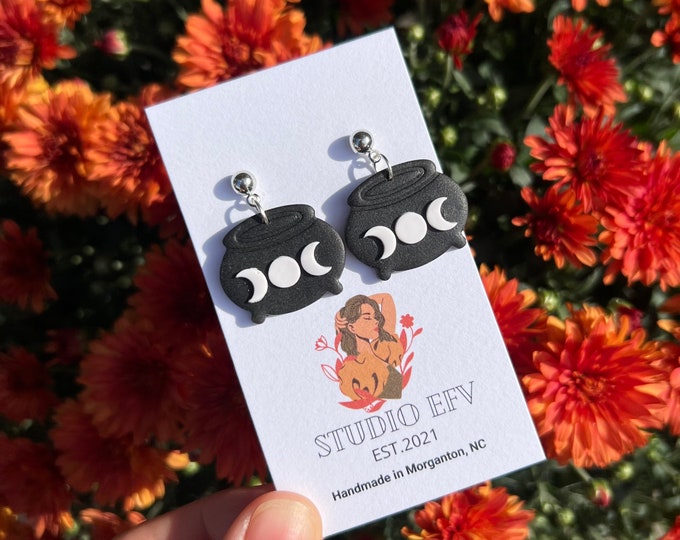 Cauldron Earrings, Clay Cauldrons, Clay Earrings, Moon Phase Earrings, Moon Clay Earrings, Witchy Vibes