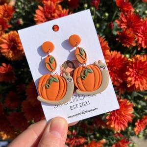 Handmade Snail Pumpkin Earrings: Fall Polymer Clay Jewelry