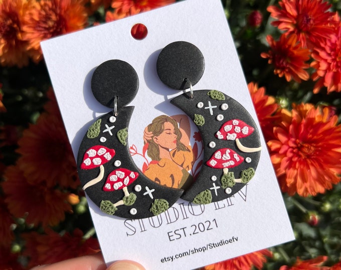 Mushroom Earrings, Mushroom Clay Earrings, Moon Clay Earrings, Moon Earrings,