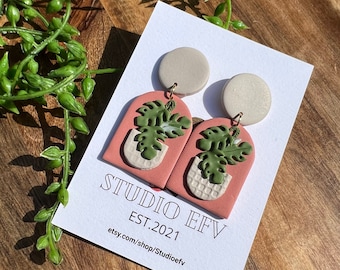 Monstera Plant Earrings: Handmade Polymer Clay, Stainless Steel Posts