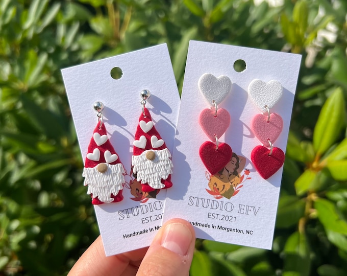 Valentines Day Earrings, Valentine’s Day clay earrings, gnome earrings, heart earrings,