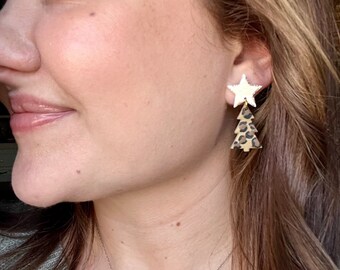 Cheetah Print Christmas Tree Earrings: Handmade Polymer Clay Star