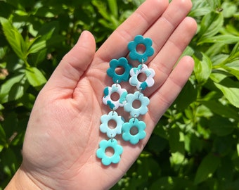 Blue Terracotta Flower Earrings: Ombre Polymer Clay Dangles