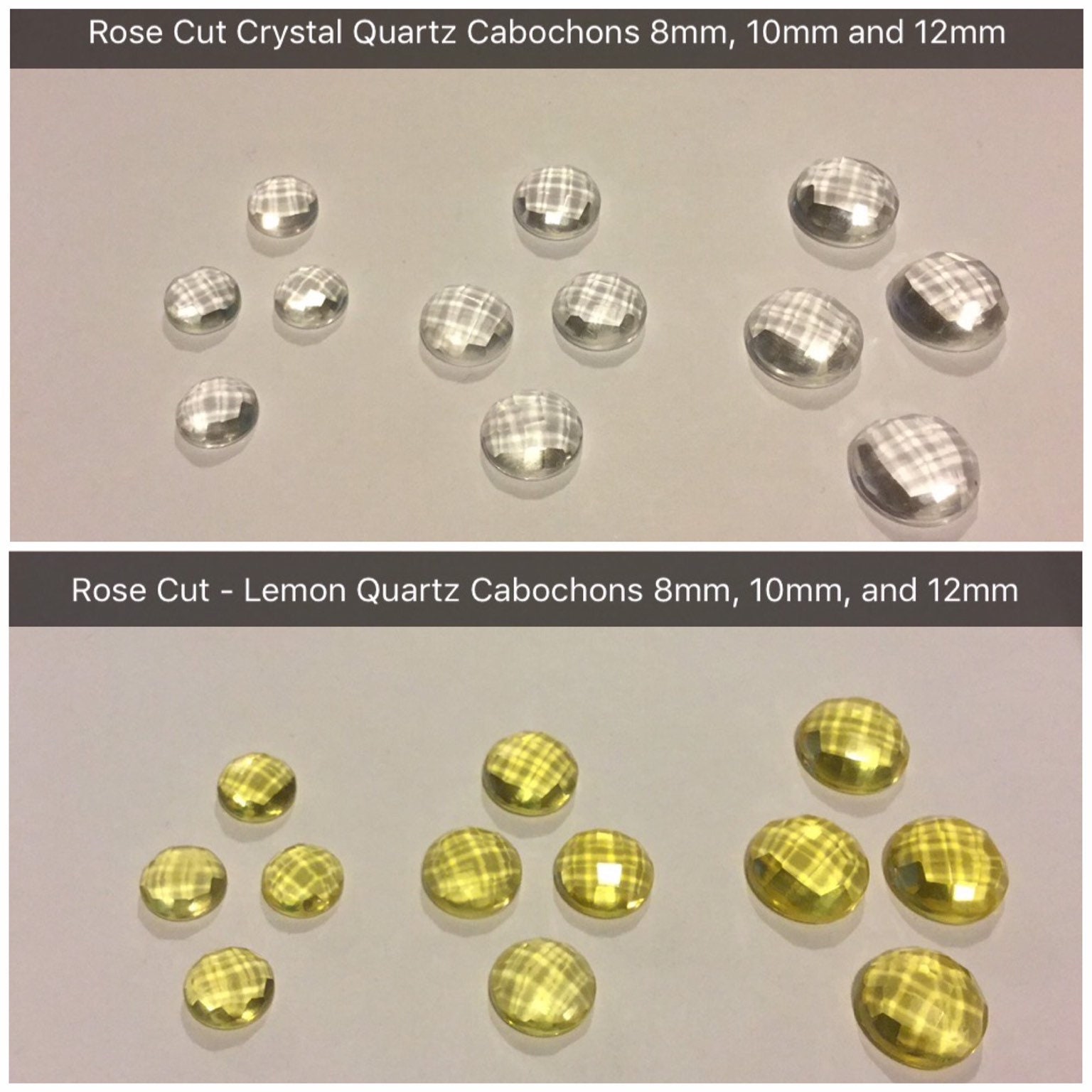 Wholesale lot of 4 Natural Lemon Quartz and Crystal Quartz Round Rose Cut Cabochons Faceted 8mm 10mm 12mm Loose Stones Flat Back Gemstones