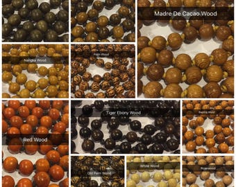 May include: A collage of 12 different types of wood beads, each with a unique color and pattern. The beads are arranged in a grid pattern, with each type of wood bead labeled with its name. The wood types include Graywood, Robles Wood, Palm Wood, Nangka Wood, Red Wood, Madre De Cacao Wood, Tiger Ebony Wood, Bayong Wood, White Wood, Rosewood, and Old Palm Wood.