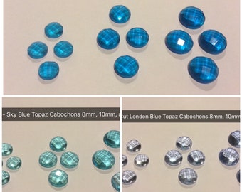 Wholesale lot of 4 Natural Sky, Swiss, and London Blue Topaz Round Rose Cut Cabochons Faceted 8mm 10mm 12mm Loose Stones Flat Back Gemstones